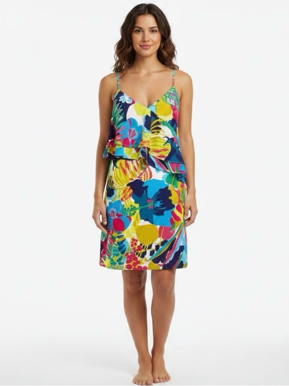 J. Crew Tropical Floral Tiered Ruffle Cami Mini Dress Yellow Blue 12 Beach